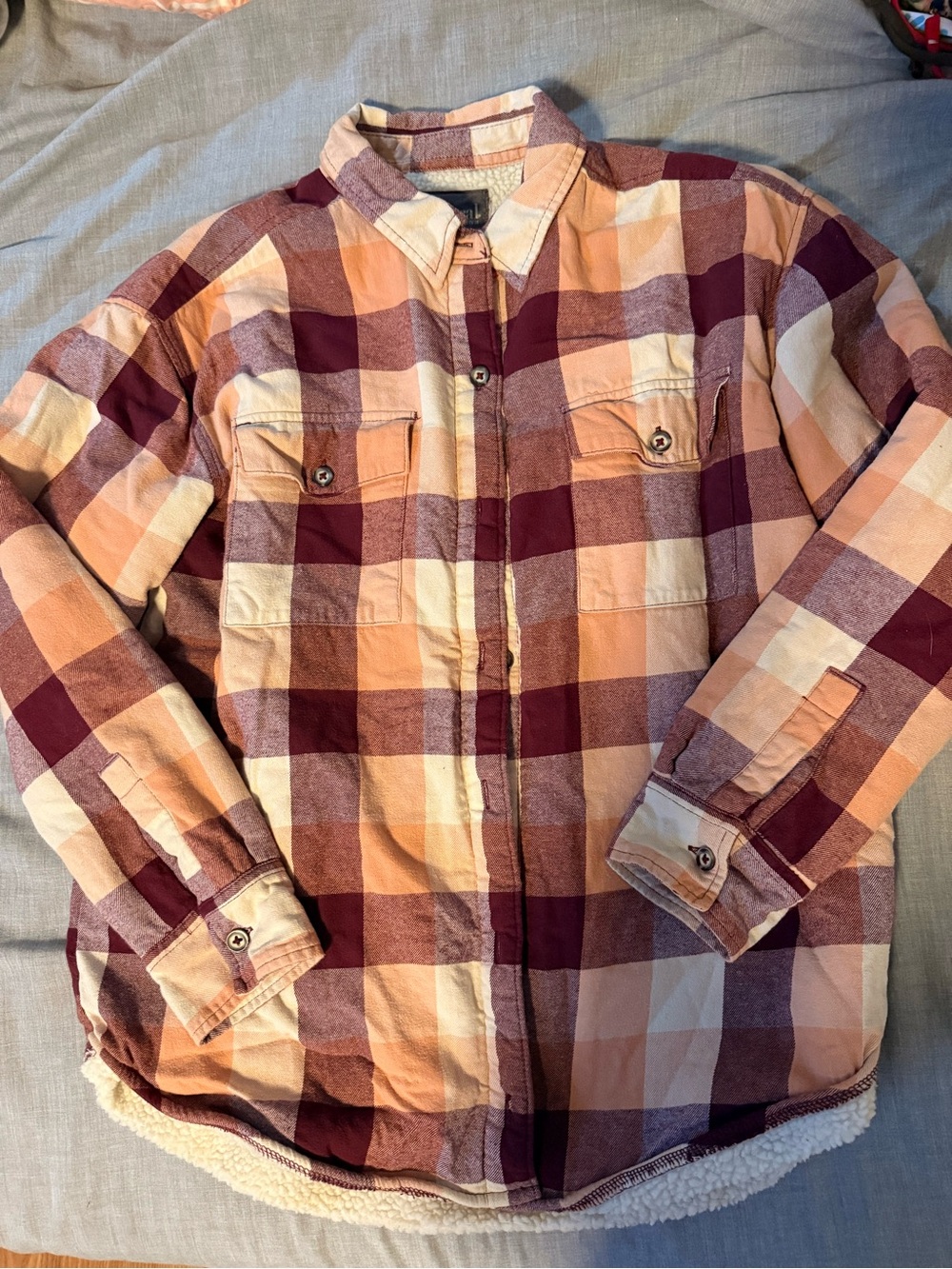 Natural Reflections Maroon and Peach Plaid Sherpa-Lined Shirt Jacket